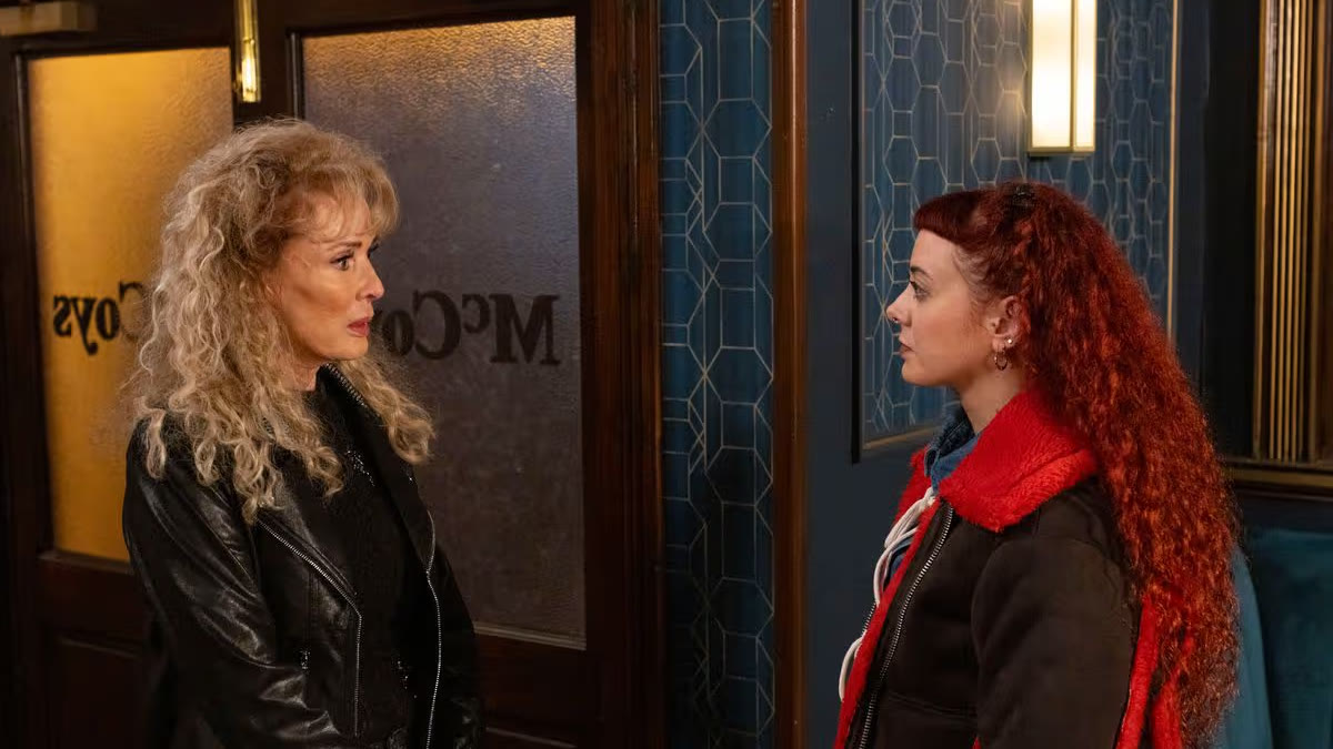 Emily Lamey as Gwen Connolly facing Beverley Callard as Lily outside McCoys in Fair City.